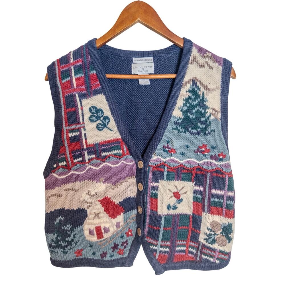 Vintage 90s Christopher & Banks Hand Embroidered Patchwork Knit Sweater Vest M - Picture 4 of 9